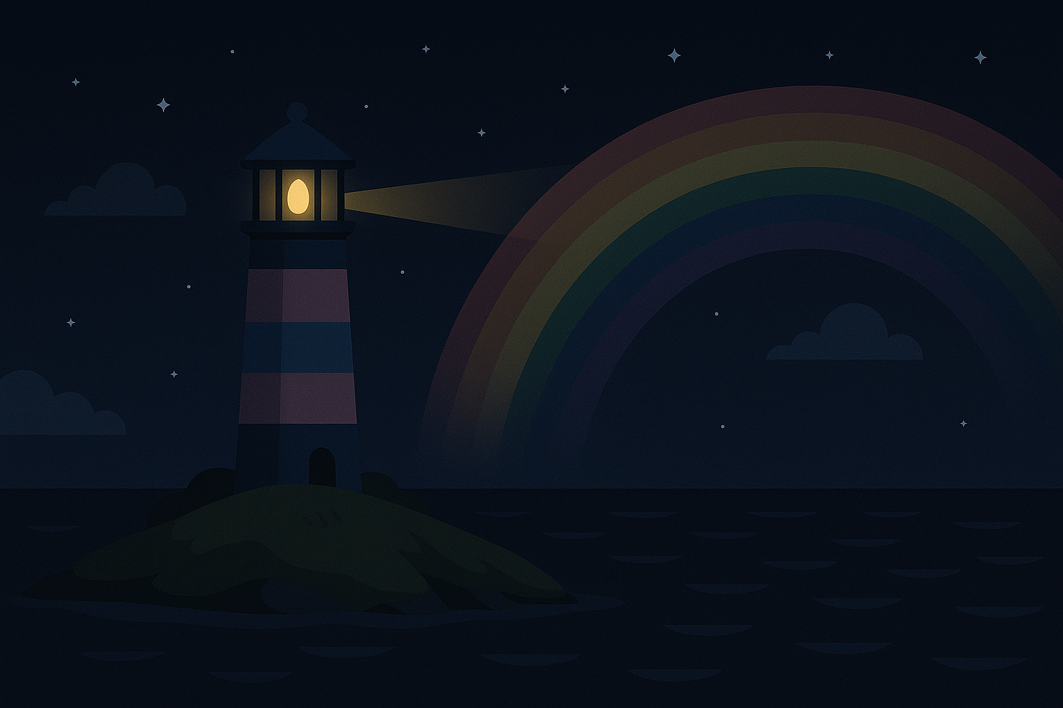 Lighthouse shining on a rainbow (dark mode)