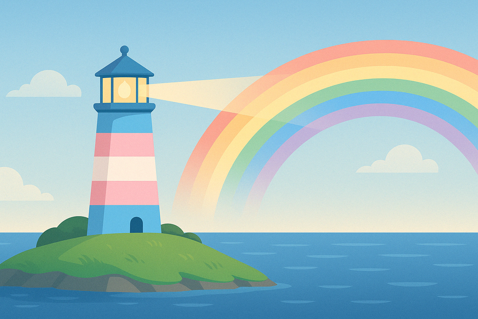 Lighthouse shining on a rainbow